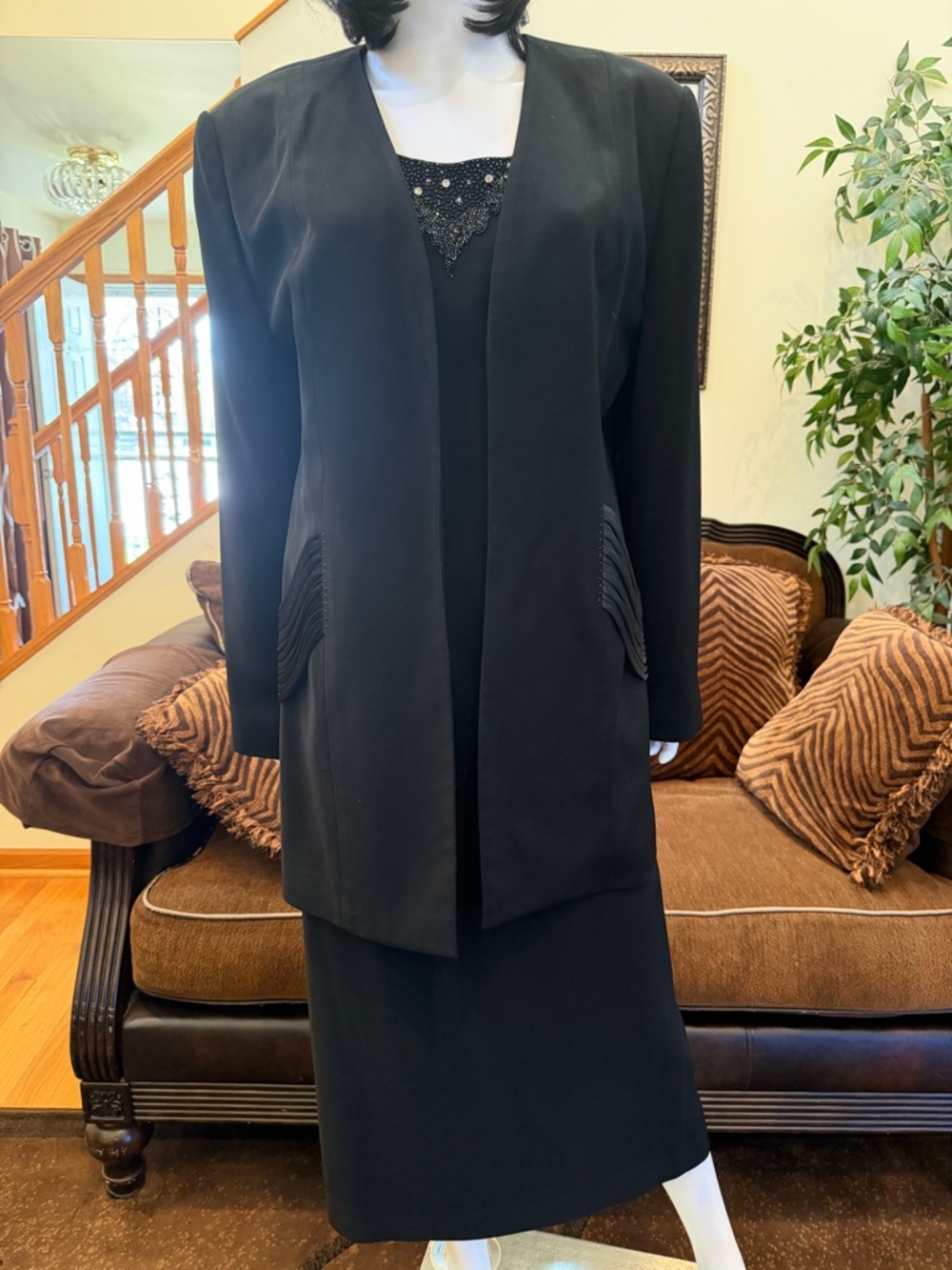 Three-Piece Black Women's Long Open-Front Jacket and Skirt Set